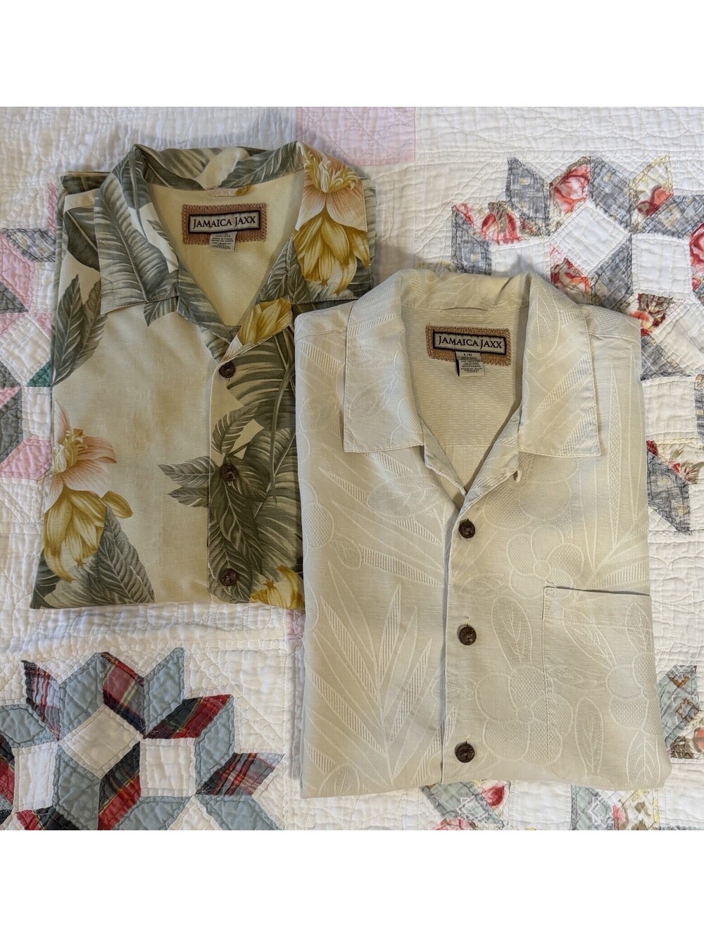 Jamaica Jaxx Lot Of 2 Hawaiian Coastal Print Silk Short Sleeve Shirts Large GUC